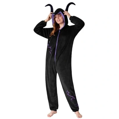 Abbildung von Disney Onesie Damen Stitch Einteiler Pyjama Eeyore, Minnie, Maleficent Schlafanzug Größen von S XXL (Schwarz Maleficent, S)