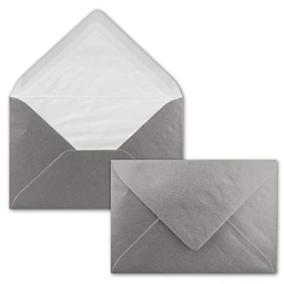 Abbildung von 50 Briefumschläge Silber Metallic Glänzend DIN C6 gefüttert mit weißem Seidenpapier 90 g/m² 11,4 x 16,2 cm Nassklebung NEUSER PAPIER