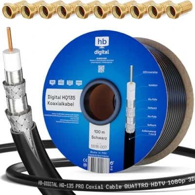 Abbildung von HB DIGITAL 100m Koaxialkabel HQ 135 Antennenkabel 135dB SAT Kabel 8K 4K UHD 4 Fach geschirmt für DVB S / S2 C C2 T T2 DAB+ Radio BK Anlagen + 10 F Stecker GRATIS