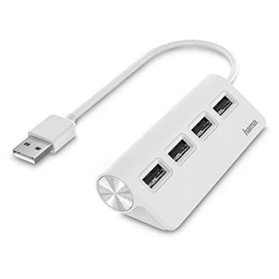 Abbildung von Hama USB Hub 4 Ports (High Speed Datenübertragung, 4x A für Maus, Stick, Dongle, externe HDD, SSD, usw. Multiport Adapter, Adapter 4in1 Büro, Homeoffice und unterwegs) weiß