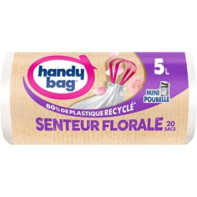 Abbildung von Handy Bag Müllbeutel für Badezimmer mit Schiebegriffen, Blumenduft, 5 l x 20 Beutel speziell Mini Mülleimer maximale Wasserdichtigkeit auslaufsicherer Boden 100% recycelter Kunststoff