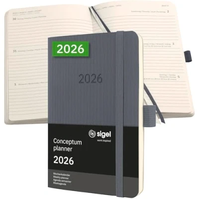 Abbildung von SIGEL C2637 Wochenplaner Wochenkalender 2026, ca. A6, dunkelgrau, Softcover, 176 Seiten, Gummiband, Stiftschlaufe, Archivtasche, aus nachhaltigem Papier, Kalenderbuch Conceptum