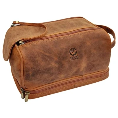 Abbildung von Rustic Town Kulturtasche Männer Leder große Waschtasche Herren im Vintage Design Toilettentasche ideal für Reisen Kulturbeutel aus echtem