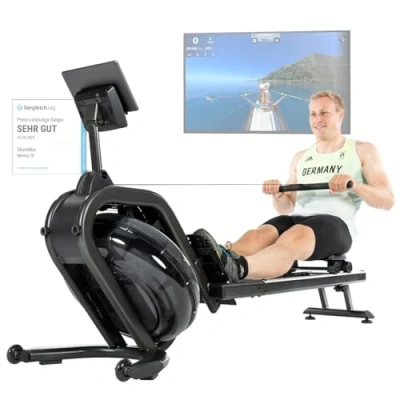 Abbildung von Skandika Wasserrudergerät Nemo IV Wasser Rudergerät für Zuhause in Studio Qualität durch TÜV Süd geprüft, Kinomap, Tablet Halterung, aufstellbar Rudermaschine mit Wasserwiderstand (Schwarz)