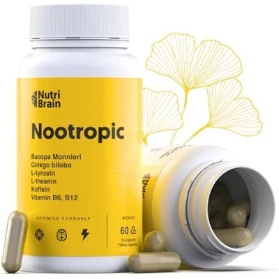 Abbildung von NutriBrain Opti Formel Nootropic Brain Booster Konzentrations Tabletten mit Ginkgo Biloba, Tyrosin, L Theanin &amp; 130mg Koffein Dopamin Tabletten, Gedächtnis Fokus Kapseln