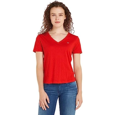 Abbildung von Tommy Jeans TJW SLIM SOFT V NECK TEE Top, Damen, Größe: XS, Deep crimson