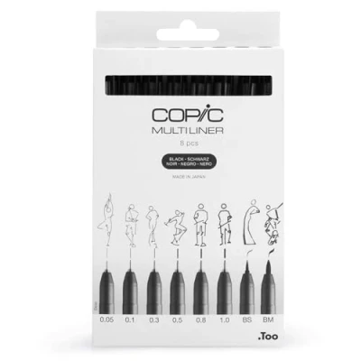 Abbildung von COPIC Multiliner Set, Black, 8 Fineliner in verschiedenen Strichstärken, Zeichen Stifte mit einer feinen Spitze und wasserbeständiger Pigmenttinte