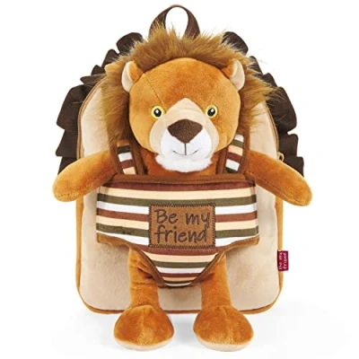 Abbildung von PERLETTI Kuscheltier Rucksack mit Plüsch Abnehmbar Weich für Kleinkinder Kinderrucksack Plüschtier Hort Kindergarten Baby Kinder 3 4 5 Jahren Plüschspielzeug Kindertasche 22x25x3 cm (Löwe)