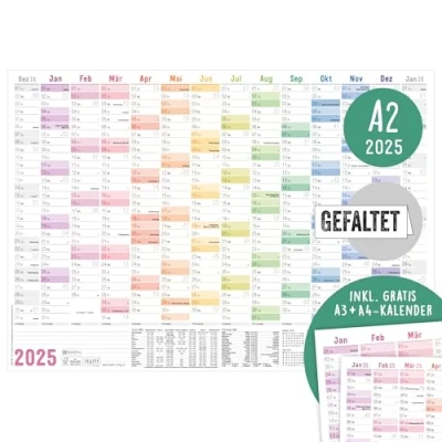 Abbildung von Häfft® Wandkalender 2025 A2 gefalzt (59,4 x 42 cm) &quot;Rainbow&quot; Wandplaner mit Ferien und Feiertags Übersicht, inkl. gratis A3 + A4 Kalender nachhaltig &amp; klimafreundlich