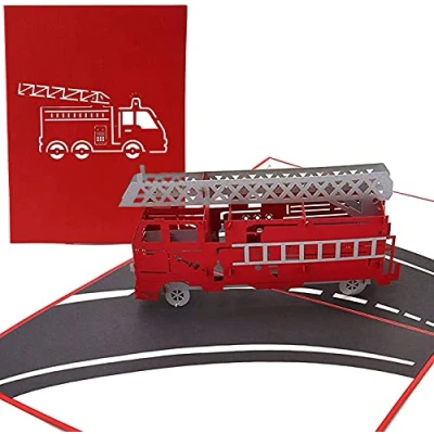 Abbildung von PopLife Cards Popup Grußkarte des Löschfahrzeug LKWs 3d für alle Gelegenheiten Feuerwehrmänner, Freiwillige, scherzt Falten flach das Versenden Geburtstages, Abschlusses, Ruhestandes,