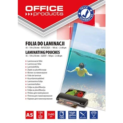 Abbildung von OFFICE PRODUCTS 20325215 90 Laminierfolie A5, 2 x 80 micron, glänzend, 100 Stück, transparent