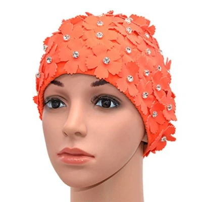 Abbildung von Medifier Handbuch Strass Floral Blütenblatt Retro Stil Schwimmen Gap Badekappen für Frauen Orange