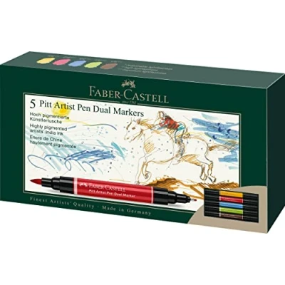 Abbildung von FABER CASTELL 162005 Pitt Artist Pen Dual Marker Tuschestift, mit zwei Spitzen, eine Pinselspitze und metallgefasste Faserspitze, 5er Kartonetui