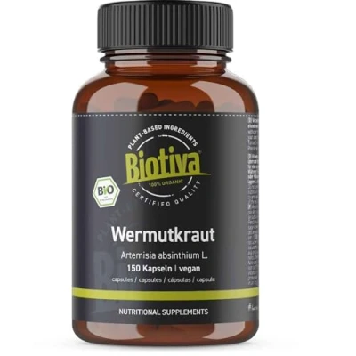 Abbildung von Biotiva Wermutkraut Kapseln Bio 150 Stück 400mg Wermut Garantiert ohne Zusatzstoffe Abgefüllt und kontrolliert in Deutschland (DE ÖKO 005)