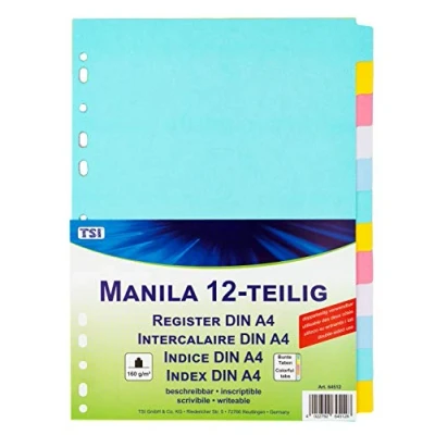 Abbildung von TSI Register aus stabilem Manila Karton 12 teilig, mit bunten Taben, beschreibbar, Art. Nr. 64512