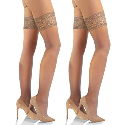 Abbildung von sesto senso Halterlose Strümpfe mit Spitze 2er Pack 15 DEN Feinstrümpfe Damen 1/2 XS/S Naturale Beige Hautfarbe