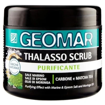 Abbildung von GEOMAR Reinigendes Thalasso Peeling, mit Meersalz, Bittersalz, Moringa Öl und Extrakten aus Holzkohle Matcha Tee, 95% Natürlichen Ursprungs, Made in Italy, 600 g