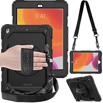 Abbildung von TECHGEAR Utility Hülle für iPad 10.2 2021/2020/2019 [9. 8. 7. Generation] Robust Heavy Duty Stoßfeste Schutzhülle mit 360 Grad Schwenkständer, Hand Schultergurt Eingebauter Displayschutz Schwarz