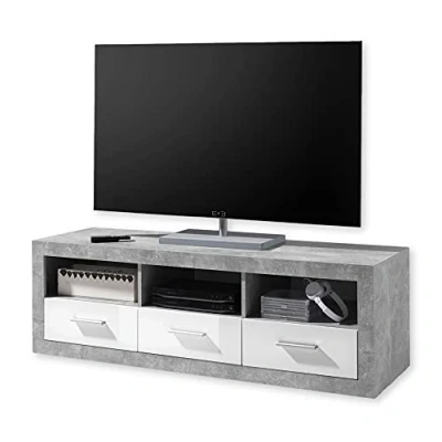 Abbildung von HBZ Lowboard »Stone weiß Hochglanz, TV Möbel bis 55 Zoll, BxHxT 147x49x45 cm«, (1 St.), Mit 3 offenen Fächer, Schubkästen, 1 Kabeldurchführung