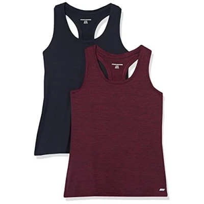 Abbildung von Amazon Essentials Damen Tech Stretch Racerback Tanktop (Erhältlich In Übergröße), 2er Pack, Burgunderrot Space dye/Schwarz, S