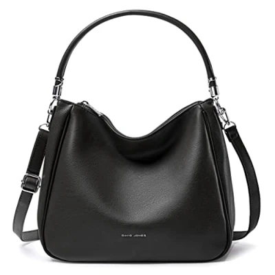 Abbildung von David Jones Damen Schultertasche Hobo Frau Umhängetasche PU Leder Handtasche Top Griff Lange Henkel Tasche Beuteltasche Mittelgroße Shopper Einfache Klassische Leichte Elegante Schwarz