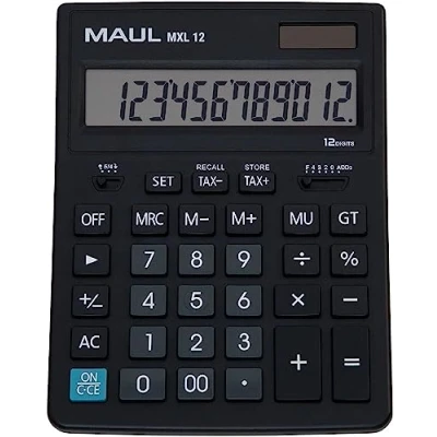 Abbildung von MAUL Kaufmännischer Taschenrechner MXL12 12 Stellen inkl. Steuerberechnung angewinkeltes Display großer Profi Tischrechner Solarbetrieben inklusive Batterie 20,5 x 15,5 cm Schwarz