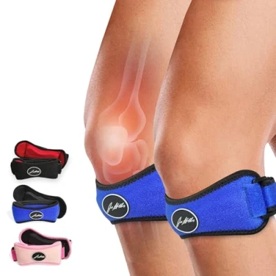 Abbildung von Dr. Arthritis Von Ärzten Entworfen Patellasehnenbandage/Kniebandagen und Handbuch, Verstellbare Bandage Damen/Männer — Kniestütze für Meniskus, Patellasehnenentzündung, Läuferknie [Blau, Paar]