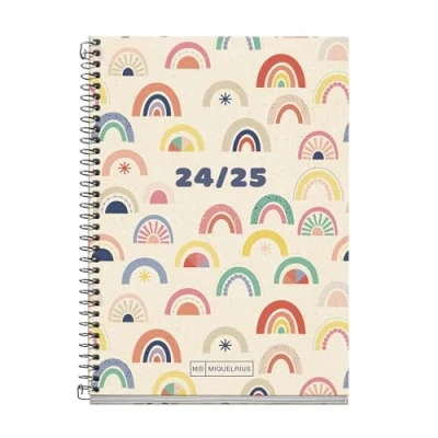 Abbildung von Miquelrius Schülerkalender 2024 2025, September bis Juni Größe 117 x 174 mm, Wochenansicht, recycelter Einband, Katalanisch und Englisch, Recyclingpapier, Regenbogen Design