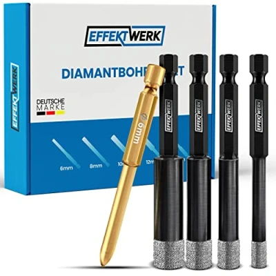 Abbildung von EFFEKTWERK Fliesenbohrer Set für harte Fliesen Diamantbohrer 6mm 8,10,12 &amp; Anbohrer Feinsteinzeug Bohrer Glasbohrer Granit Marmor Keramikbohrer Sechskantschaft