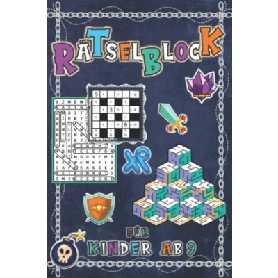 Abbildung von Rätselblock für Kinder ab 9: Wortsuche, Kreuzworträtsel, Denkrätsel, Kryptogramme, Schüttelwörter, Labyrinthe, fehlende Buchstaben, Sudoku, Logikrätsel