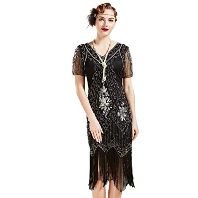 Abbildung von BABEYOND 1920s Kleid Damen Flapper mit Kurzem Ärmel Gatsby Motto Party Kostüm (SchwarzSilbern, XS)