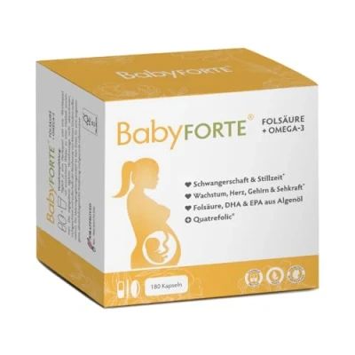 Abbildung von BabyFORTE® Folsäure + Omega 3 Algenöl vegan Trimesterbox 180 Kapseln 18 Schwangerschaftsvitamine Quatrefolic®, Magnesium, Jod, DHA EPA Schwangerschaft Stillzeit