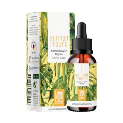Abbildung von NATURTREU® Vitamin D3 K2 Tropfen hochdosiert &amp; vegan 100% pflanzlich (ohne tierisches Lanolin) 1000 IE D + Sonnenfreund