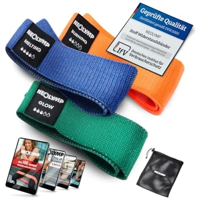 Abbildung von NEOLYMP Kurze Fitnessbänder Stoff mit Fitness Traningsprogramm E Book waschbare Resistance Bands, Widerstandsbänder, Gymnastikband, Fitnessband, Trainingsbänder, Klimmzugbänder (3er Set)