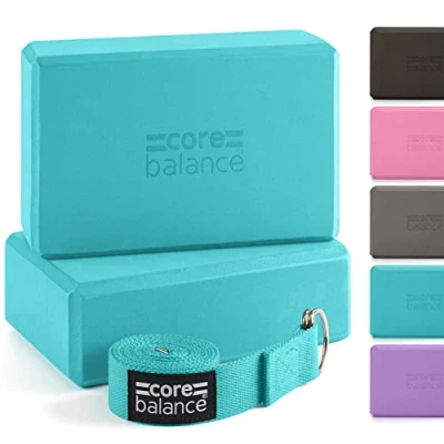 Abbildung von Core Balance Yoga Blocks im Doppelpack &amp; GRATIS Gurt, 2 STK. Eva Schaumstoff Blöcke, robust leicht, Riemen aus Baumwolle mit innovativem D Ring Verschluss, ideal für Pilates, 5 versch. Farben
