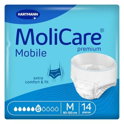 Abbildung von MoliCare premium Mobile 6 Tropfen Größe M, Inkontinenzhosen für Frauen und Männer mit mittlerer Inkontinenz, extra Auslaufschutz, fortschrittlicher Hautschutz, verbesserte Passform, 14 Stück