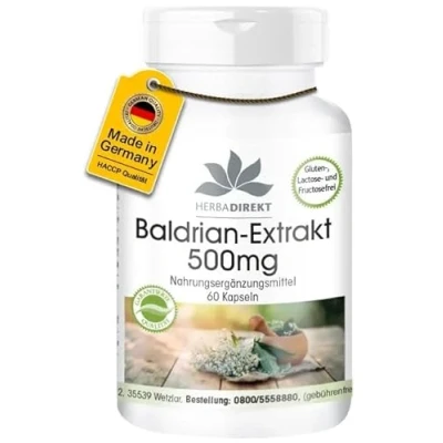 Abbildung von Baldrian Kapseln 500mg 60 4 fach konzentriert vegan HERBADIREKT by Warnke Vitalstoffe Deutsche Apothekenqualität