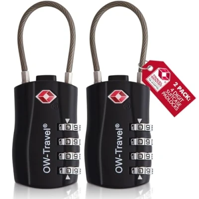 Abbildung von OW Travel Kabelschloss 4 Stellig Zahlenschloss Kofferschloss Vorhängeschloss Gepäckschloss Sicherheitsschloss TSA Lock Cable USA Schloss Zahlencode für Reisekoffer Spind Rucksack Luggage:2 Schwarz
