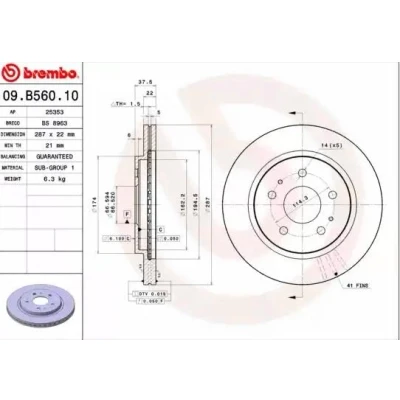 Abbildung von BREMBO 09.B560.10 Bremsscheibe 287 22 5 innenbelüftet DAIHATSU: Terios II