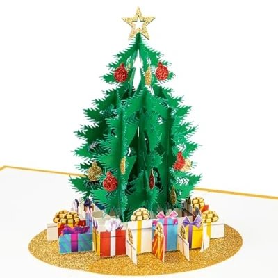 Abbildung von LIMAH® Pop Up 3D Weihnachtskarte/X Mas Karte zu Weihnachten/Weihnachtsbaum mit Geschenken Motiv/Für Mann und Frau in Weiss Gold/Groß Glitzer