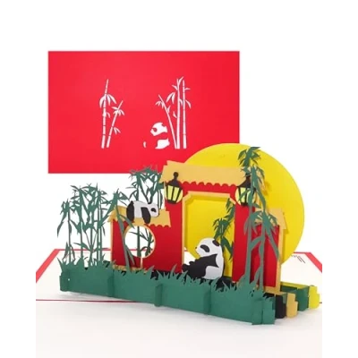 Abbildung von Grußkarte Panda „Panda Bären &amp; Bambus“ 3D Pop Up Karte mit Pandas als Geburtstagskarte, Einladung, Einladungskarte Berliner Zoo, China Souvenir, Geschenk Geschenkgutschein