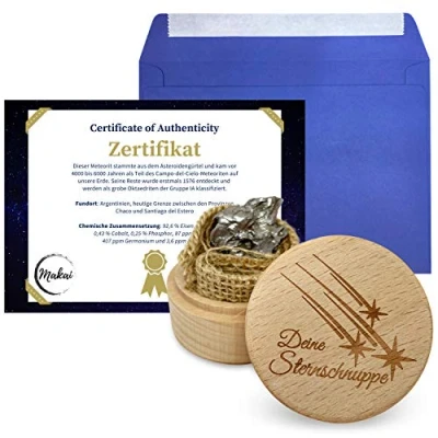 Abbildung von Makai echter Meteorit Sternschnuppe Campo del Cielo mit Echtheits Zertifikat &amp; Aufbewahrungsbox aus Holz (mit Holzbox und Zertifikat)