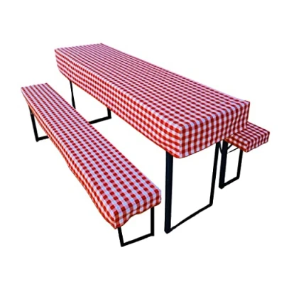 Abbildung von Lemos Home Bierzeltgarnitur Auflage (3er Set) aus 1x Tischdecke und 2X Bierbankhussen. Größe Farben wählbar. (110 x 60 cm, Rot kariert)