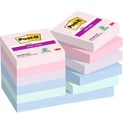 Abbildung von Post it Super Sticky Notes Soulful Collection, Packung mit 12 Blöcken, 90 Blatt pro Block, 47, 6 mm x mm, Pink, Lila, Grün, Grau, Blau Extra stark klebende Notizzettel für To Do Listen
