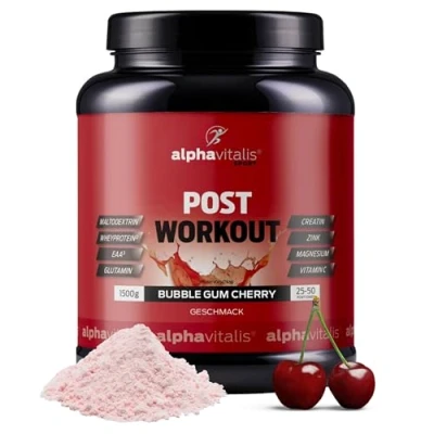 Abbildung von Post Workout Shake 1500g Kirsche mit Maltodextrin Whey Protein EAA (essentielle Aminosäuren), Creatin Monohydrat, L Glutamin, Magnesium uvm. Drink Made in Germany