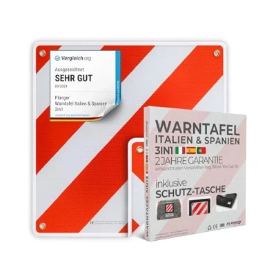 Abbildung von PLANGER® Warntafel Italien und Spanien + Tasche 2in1 (50 x 50 cm) Reflektierendes Warnschild rot weiß für Heckträger u Fahrradträger