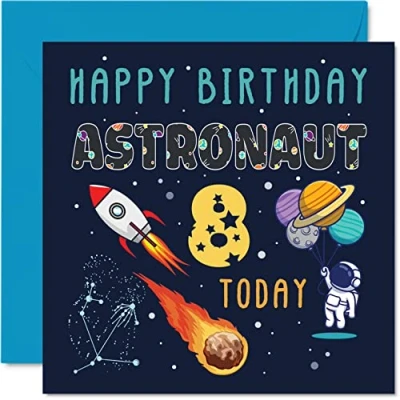 Abbildung von Stuff4 Geburtstagskarte zum 8. Geburtstag Jungen Weltraum Astronautenkosmos Happy Birthday Karte 8 Jahre und Mädchen 145 mm x Grußkarte Sohn Tochter Nichte Neffe Enkel