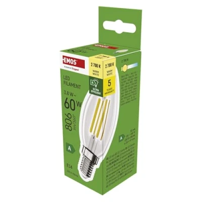 Abbildung von EMOS LED Lampe Edison Candle, 3,8W Ersatz für 60W Glühbirne, A Klasse Vintage Birne E14 Sockel, Helligkeit 806 lm, Warmweiß 2700 K, extra lange Lebensdauer 50000h, CRI min. 80, 360 Abstrahlwinkel