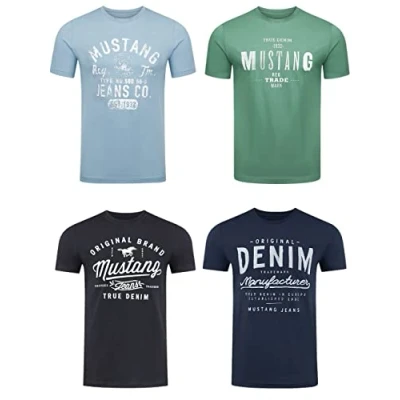 Abbildung von MUSTANG Tshirt Herren Baumwolle Regular Fit 4er Pack Set Rundhals Kurzarm Sommer Tee Shirt Logoprint, Größe:XL, Farbe:Pack 12
