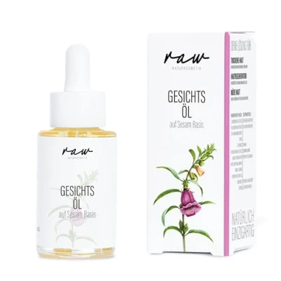 Abbildung von raw Kosmetik, Gesichtsöl Sesam 30ml, mit kaltgepressten Bio Öl, ideal für trockene und sehr sensible Haut, beruhigt regeneriert, 100% vegan